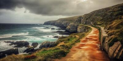 ai generado. ai generativo. foto realista fotografía ilustración de línea costera irlandesa la carretera viajar. montañas explorar aventuras viaje onda. gráfico Arte