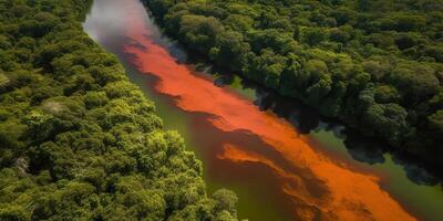 . . Photo realistic illustration of top view dron amazon river in the rain season. Adventure tropical explore vibe. Graphic Art