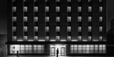 . . Monochrome black and white city urban photo realistic illustration with lonely person. Noir drama lonely vibe. Graphic Art