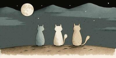 . Cartoon illustration of cats looking at moon. Nigh magic romantic vibe. Inspired by Jon Klassen. . Graphic Art photo