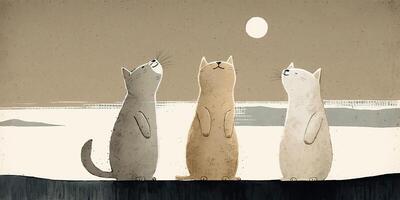 . Cartoon illustration of cats looking at moon. Nigh magic romantic vibe. Inspired by Jon Klassen. . Graphic Art photo