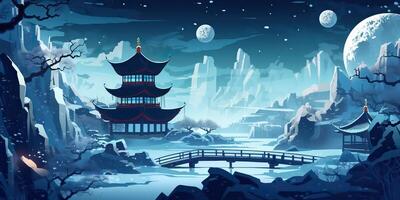 . Asian chinese cartoon style blue colors pagoda temple tower landscape. . Graphic Art photo