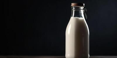 . . Mock up photo copy space illustration of retro vintage glass bottle of milk on kitchen table. Graphic Art