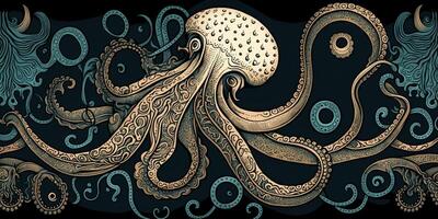 . . Engraving retro vintage style octopus woodcut linocut illustration. Graphic Art photo