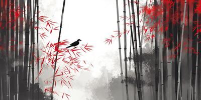ai generado. ai generativo. ilustración de asiático China Japón planta bambú con pájaro. paz mente claro calma onda. gráfico Arte foto