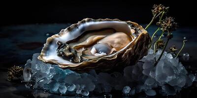 . . Macro photorealistic shot of sea ocean oyster open shell delicious food for wine. Romantic luxury vibe. Graphic Art photo