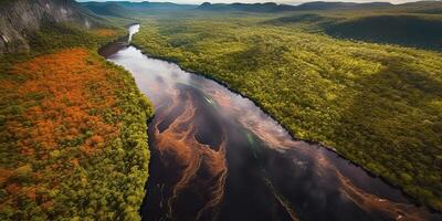 . . Photo realistic illustration of top view dron amazon river in the rain season. Adventure tropical explore vibe. Graphic Art