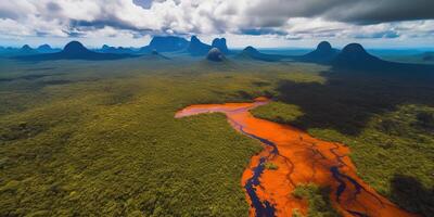 . . Photo realistic illustration of top view dron amazon river in the rain season. Adventure tropical explore vibe. Graphic Art