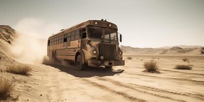 ai generado. ai generativo. foto realista ilustración de autobús montando en el desrt en el la carretera. enojado max película inspirado. gráfico Arte