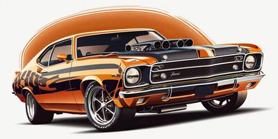 . Realisitc cartoon illustration of sportcar muscle car mustang in vintage retro style. . Graphic Art photo