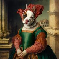 ai generado. ai generativo. foto realista ilustración de linda francés buldog frenchie perro en historia Renacimiento paño traje. gráfico Arte