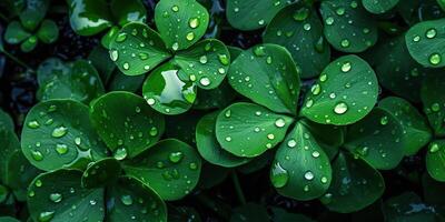 ai generado. foto realista ilustración de parte superior ver verde Fresco trébol hojas irlandesa símbolo. ai generativo. gráfico Arte