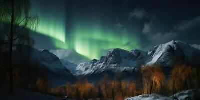 . Photo realistic illustration of aurora northern light. Adventure expidition vibe. . Graphic Art