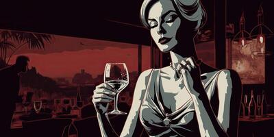 . . Retro vintage pretty woman with red wine glass at night party pub. Romantic noir film vibe. Graphic Art Illustration. photo