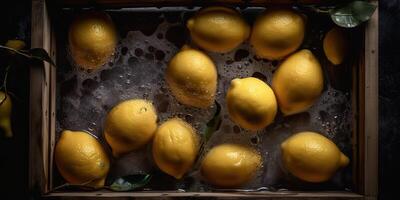 . . Photo realistic illustration of yellow eco organi lemons limes in wood rustic vintage box. Top view vibe. Graphic Art