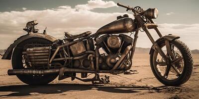 . . Old vintage retro brutal motor bike in desert road. Mad Max movie inspired. Adventure explore travel vibe. Graphic Art photo