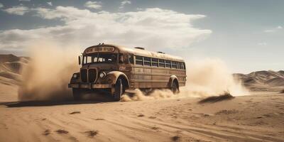 . . Photo realistic illustration of bus riding in the desrt on the road. Mad Max movie inspired. Graphic Art