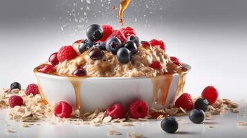 . . Photo of breakfast oat meal with berried. Healthy vegetarian food. Graphic Art