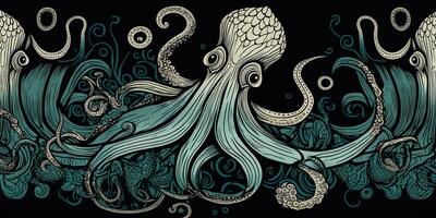 AI Generated. AI Generative. Engraving retro vintage style octopus woodcut linocut illustration. Graphic Art photo