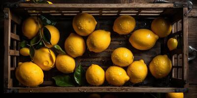 . . Photo realistic illustration of yellow eco organi lemons limes in wood rustic vintage box. Top view vibe. Graphic Art