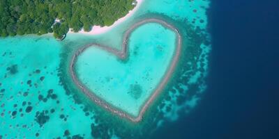 . . Aerial drone photo realistic illustration of island maldives in heart shape. Paradise adventure vacation tropical vibe. Graphic Art