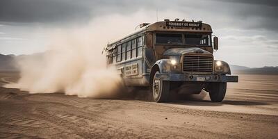 . . Photo realistic illustration of bus riding in the desrt on the road. Mad Max movie inspired. Graphic Art