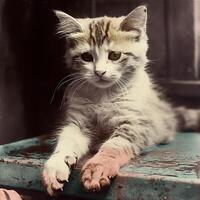 . . 1910s vintage retro coloured photo realistic photography illustration. Pen animal kitty cat relax vibe. Graphic Art