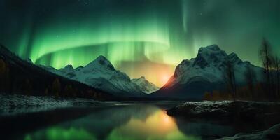 . Photo realistic illustration of aurora northern light. Adventure expidition vibe. . Graphic Art