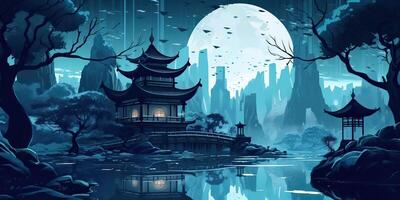 . Asian chinese cartoon style blue colors pagoda temple tower landscape. . Graphic Art photo