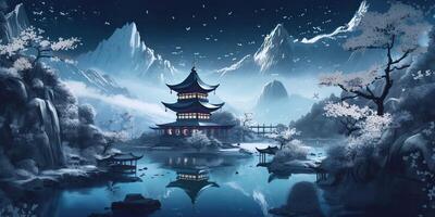 . Asian chinese cartoon style blue colors pagoda temple tower landscape. . Graphic Art photo