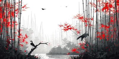 ai generado. ai generativo. ilustración de asiático China Japón planta bambú con pájaro. paz mente claro calma onda. gráfico Arte foto