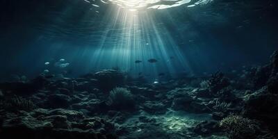 . . Photo of under sea ocean world. Marine Nautical with darm mustic mood adventure vibe. Graphic Art