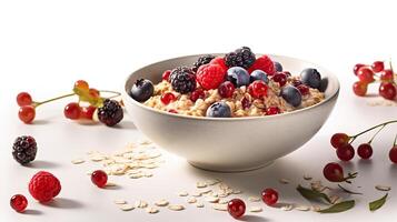 . . Photo of breakfast oat meal with berried. Healthy vegetarian food. Graphic Art