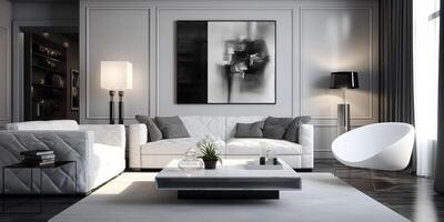 . . Macro shot of photo realistic living luxury room in mininalistic style. Rich calm vibe. Graphic Art