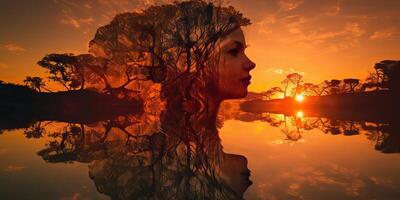 . . Double exposure photo realistic illustration. Romantic free soul lifestyle adventure vibe. Graphic Art