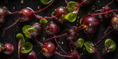 . . Photo realistic shot illustration of germinated beet sprouts pattern background. Eco healthy organic lifestyle vibe. Graphic Art