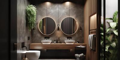 AI Generative. AI Generated. Asia luxury home house hotel luxury bathroom. Adventure calm relax vibe. Graphic Art photo