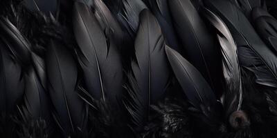 . . Photo realistic black feathers pattern background texture. Ellegant aesthetics luxury vibe. Graphic Art
