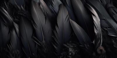 . . Photo realistic black feathers pattern background texture. Ellegant aesthetics luxury vibe. Graphic Art