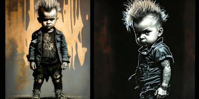 ai generado. ai generativo. calle Arte pared grafitti inspirado por bancos estilo. niño punk en cyberpunk onda. gráfico Arte foto