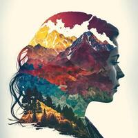 . . Double exposure photo realistic illustration of combine pretty young girl and nature forest mountaines landscape. Adventure explore free sould vibe. Graphic Art