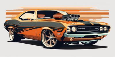 . Realisitc cartoon illustration of sportcar muscle car mustang in vintage retro style. . Graphic Art photo