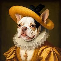 AI Generated. AI Generative. Photo realistic illustration of cute french bulldog frenchie dog in history renaissance cloth costume. Graphic Art