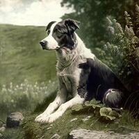 . . Photo realistic old vintage retro photo illustration of pet cute dog. Hand colored photography. Graphic Art