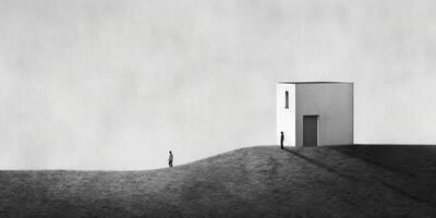 . . Surrealism lonely mood illustration with a lonely man person in urban city minimal decoration. Graphic Art photo