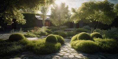 . . Photo realistic illustration of scandinavian peace calm meditation garden outside city house. Relax vibe. Graphic Art