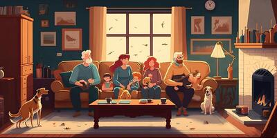 . . Cartoon style cozy home big family illustration. Happy vibe holiday. Graphic Art photo