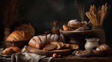 . . A lot of different fresh baked bread products and deserts. Bakerhouse warm vibe. Graphic Art photo