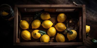 . . Photo realistic illustration of yellow eco organi lemons limes in wood rustic vintage box. Top view vibe. Graphic Art