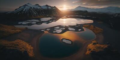 . . Macro shot aerial drone view of Iceland landscape scene. Cinematic adventure explore vibe. Graphic Art photo